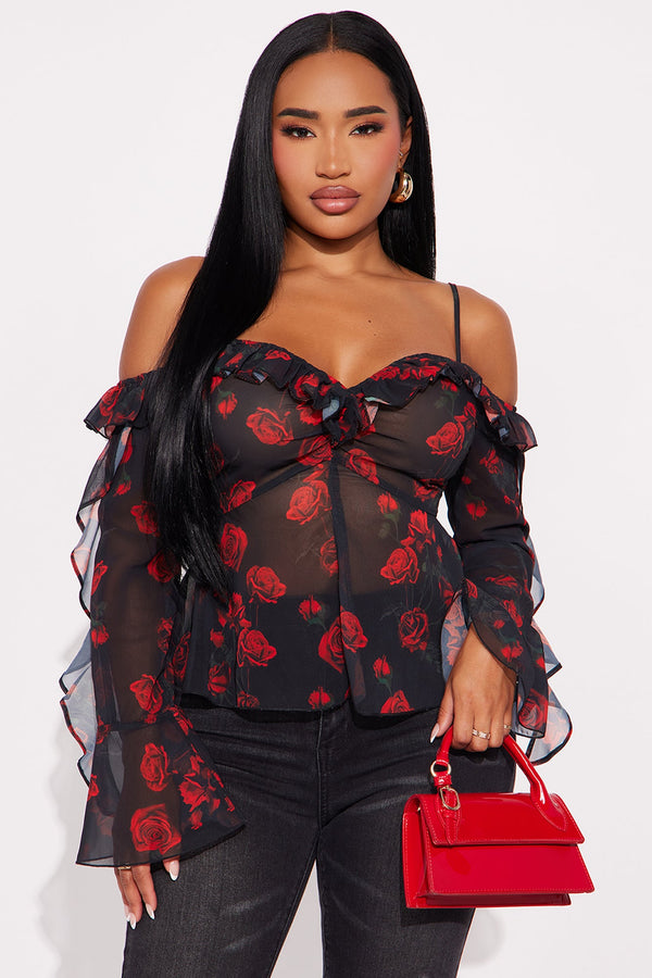 Sweet Delicate Rose Chiffon Ruffle Top - Black/Red