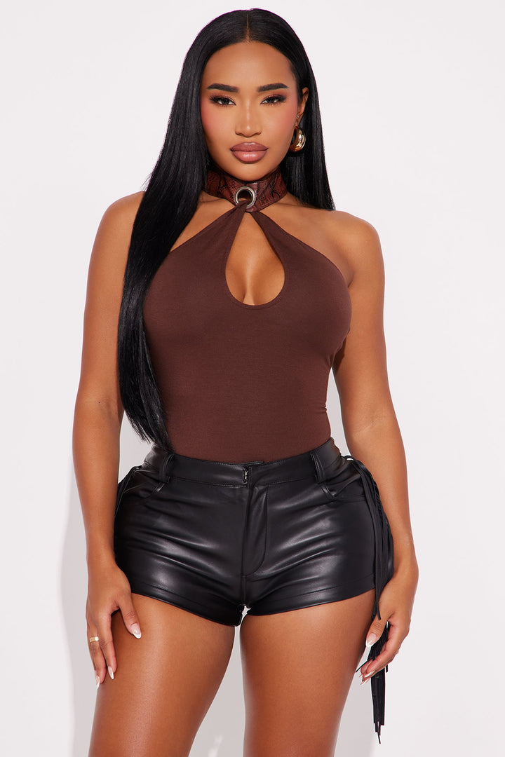 First-Class Getaway Halter Cut Out Bodysuit - Brown