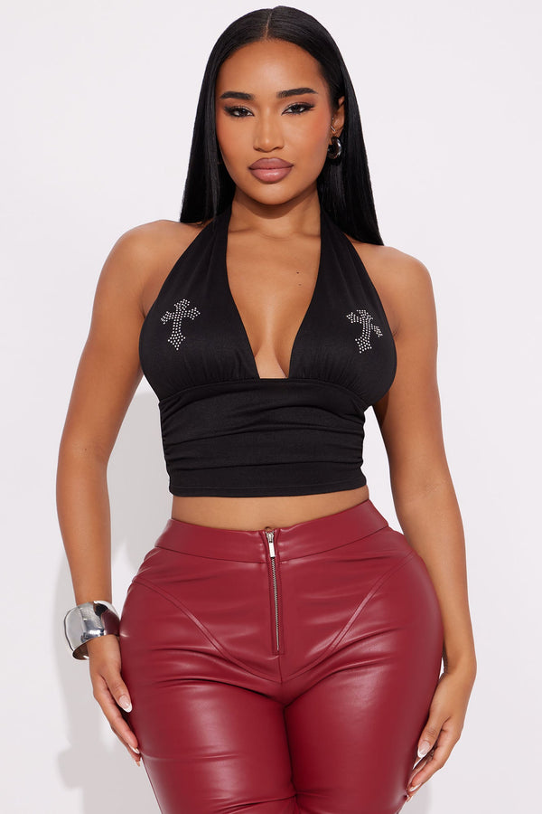 Crossed Up Rhinestones Halter Tank Top - Black