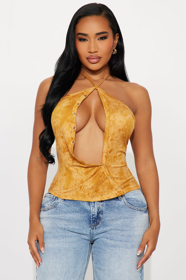 Brielle Y-Neck Washed Halter Top - Mustard