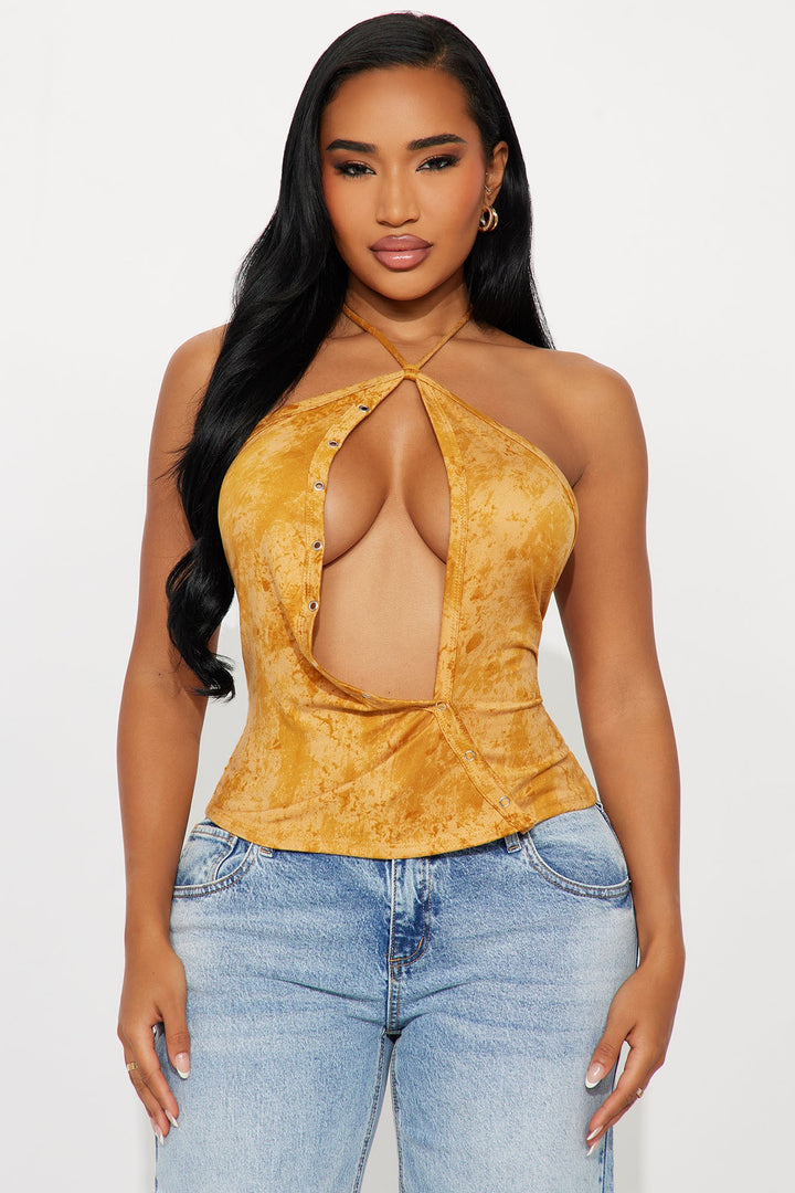 Brielle Y-Neck Washed Halter Top - Mustard