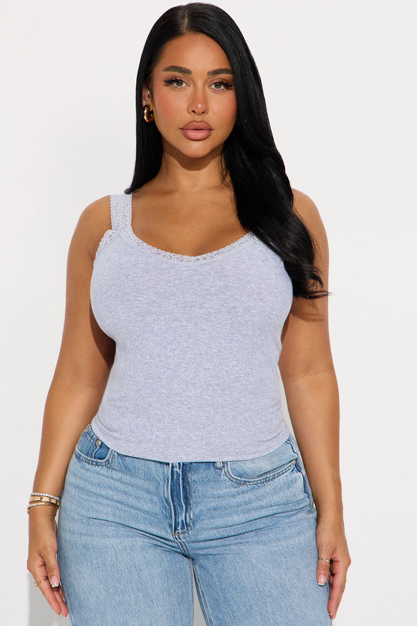 Luna Lace V Neck Tank Top - Heather Grey
