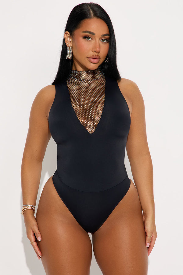 Cataleya Mesh Rhinestone Bodysuit - Black