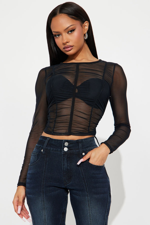 Delphine Long Sleeve Ruched Mesh Baby Tee - Black