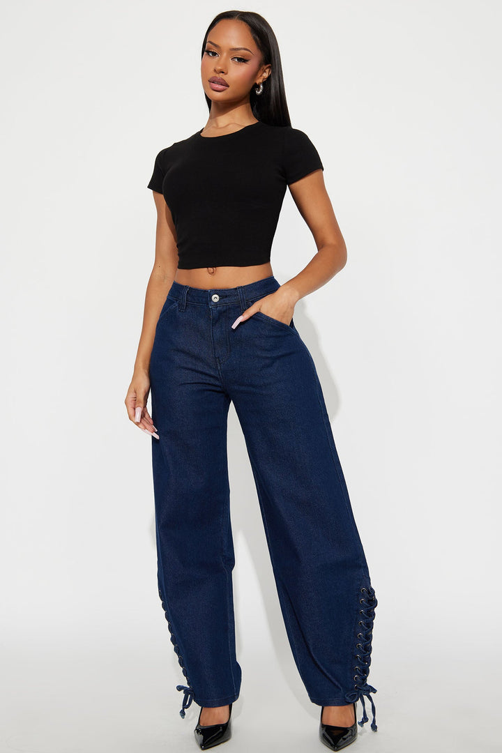Lace It Up Barrel Leg Jeans - Dark Wash