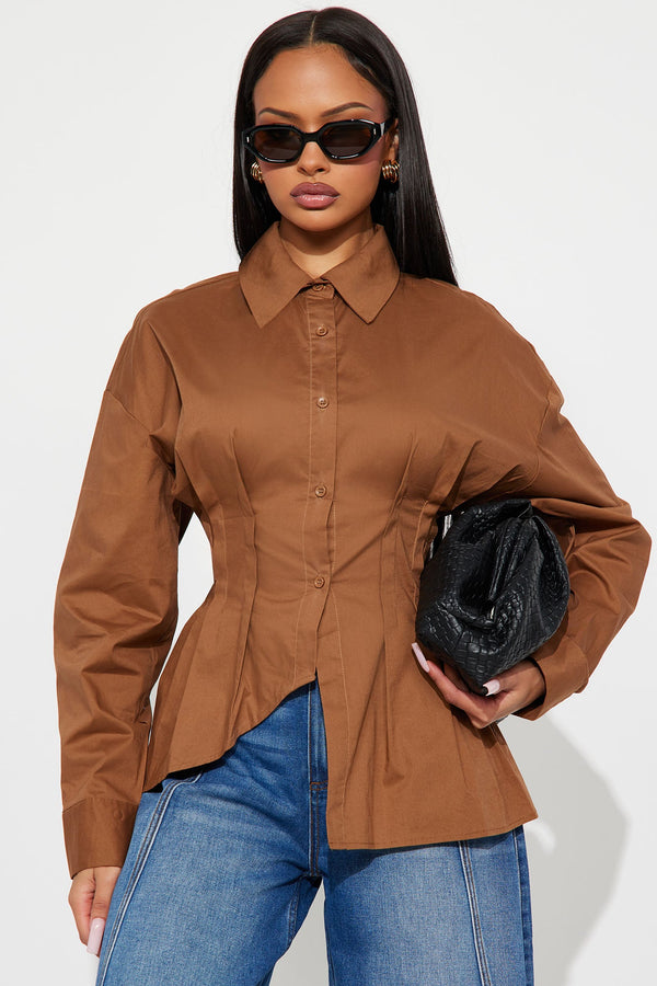 Office Romance Pleated Poplin Shirt - Khaki