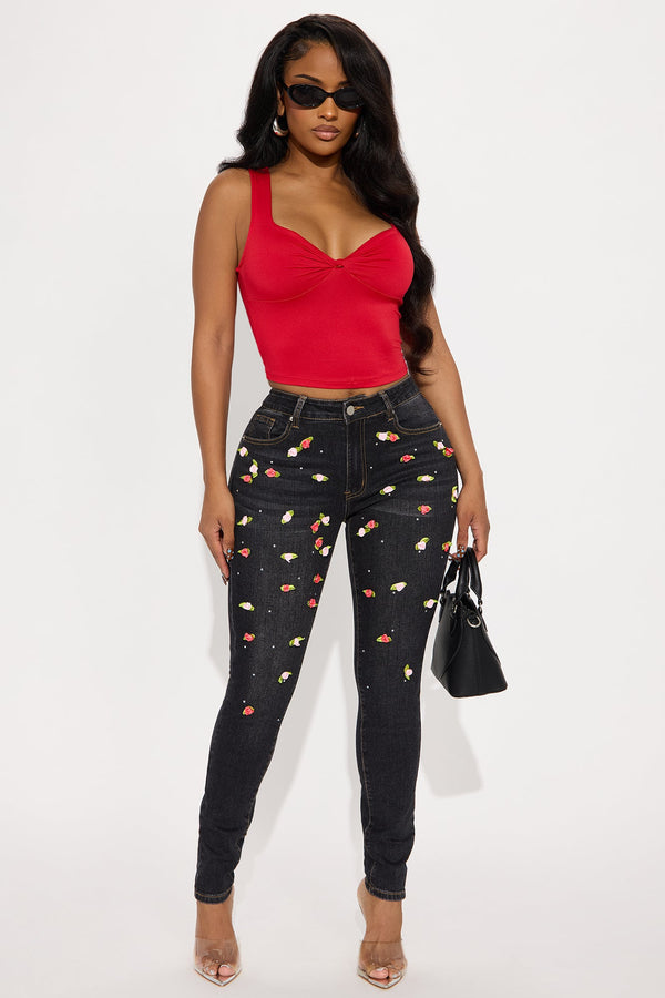 Rosettes And Rhinestones Skinny Jean - Black Wash