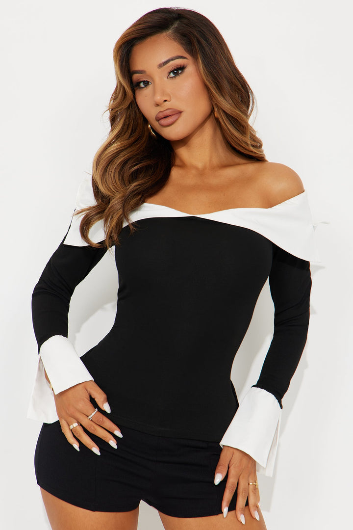 Skybound Contrast Trim Off Shoulder Top - Black/White