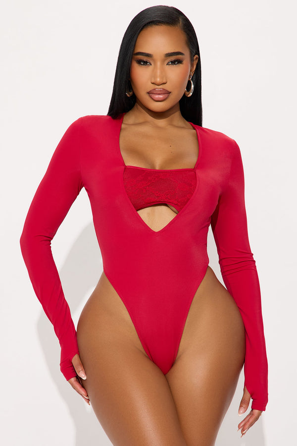 Standing Ovation Long Sleeve High Cut Bodysuit - Red