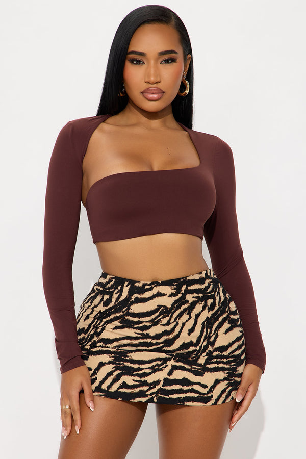 Second Skin Long Sleeve Cropped Bra Top - Chocolate