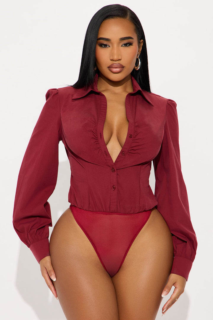 Cashin' Out Poplin Bodysuit - Burgundy