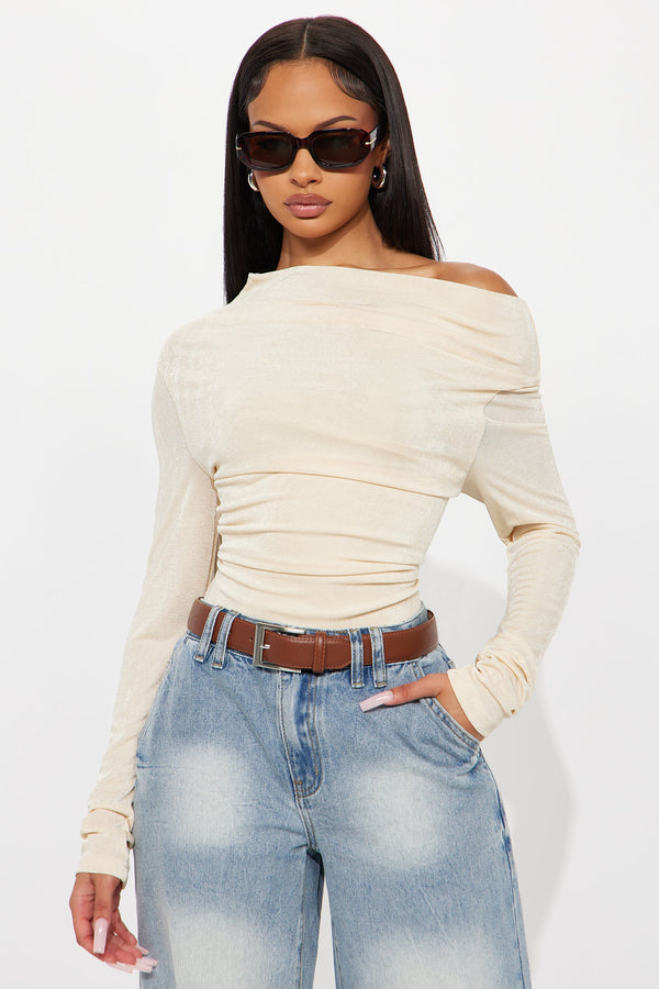 Parisian Long Sleeve Off Shoulder Top - Stone