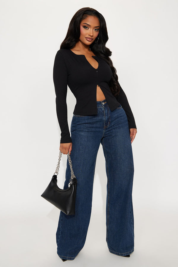 Girl Power Zip Front Ribbed Long Sleeve Top - Black