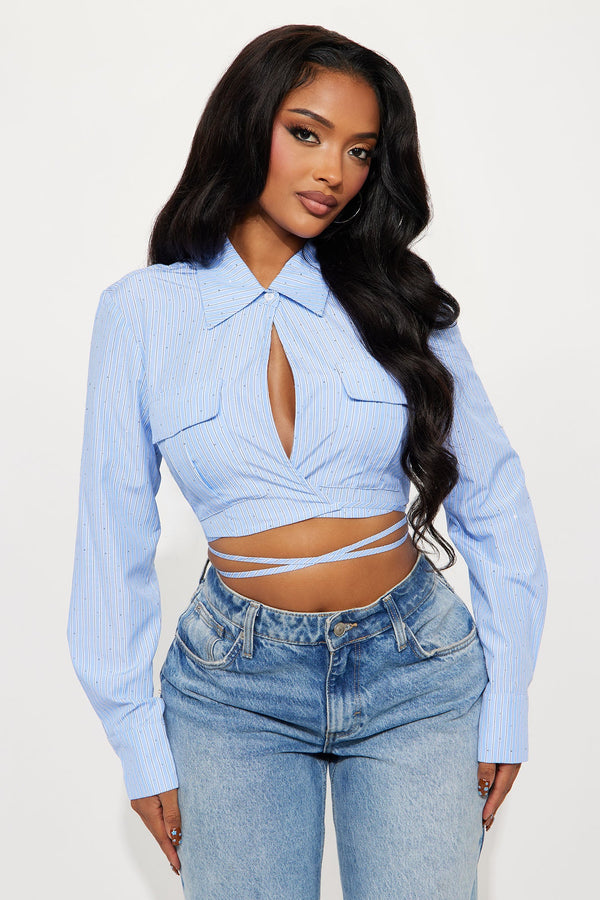 I Don't Play Rhinestone Striped Poplin Shirt - Blue/combo