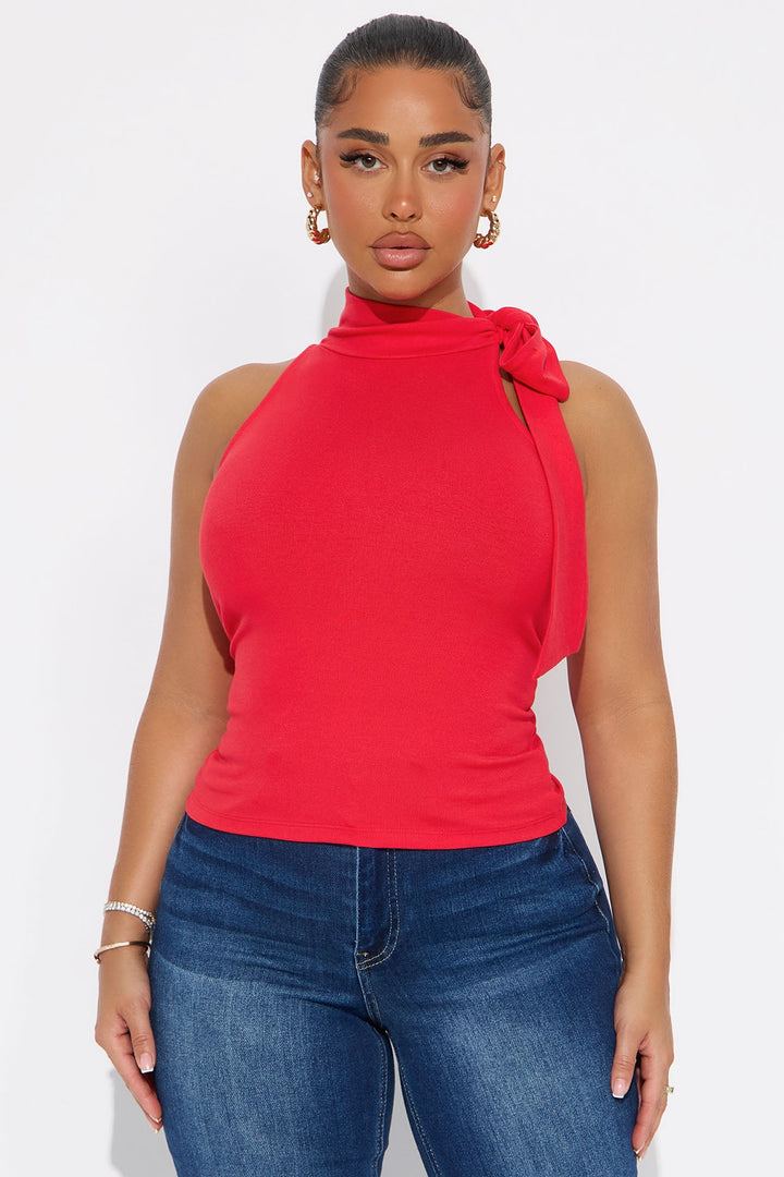 Peony Tie Neck Mock Neck Top - Red