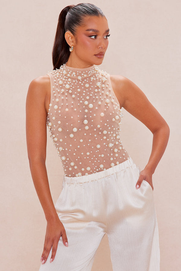 Soraya Pearl Mesh Bodysuit - Nude