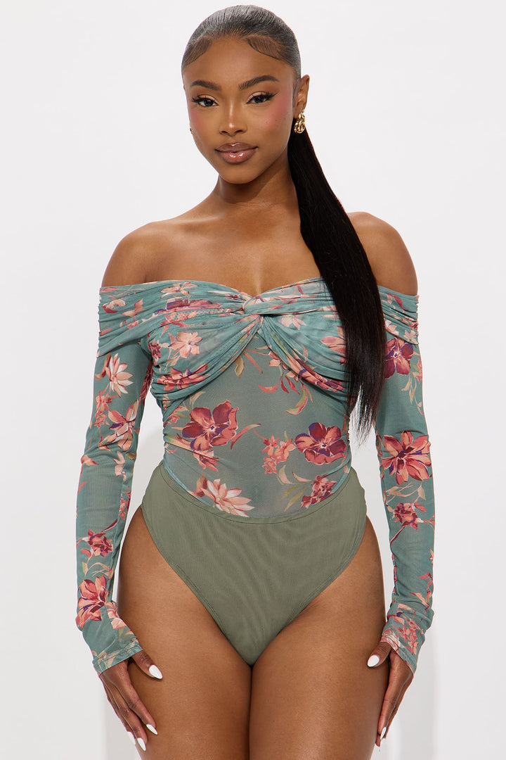 Floral Embrace Ruched Off Shoulder Bodysuit - Sage/combo