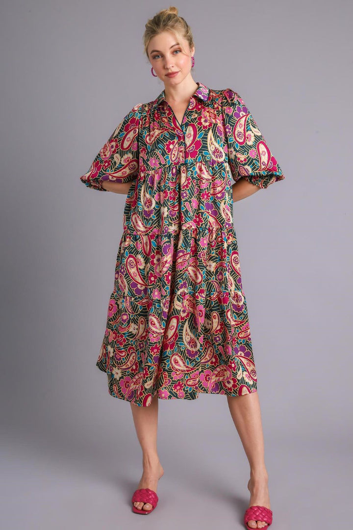 Umgee Full Size Paisley Print Satin Tiered Midi Dress Plus Size