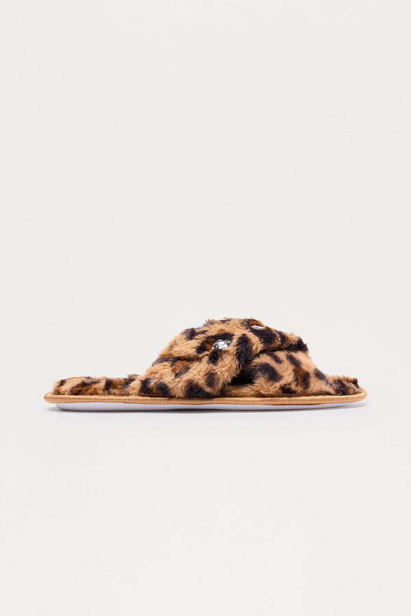 Piper Rhinestone Faux Fur Slippers - Leopard