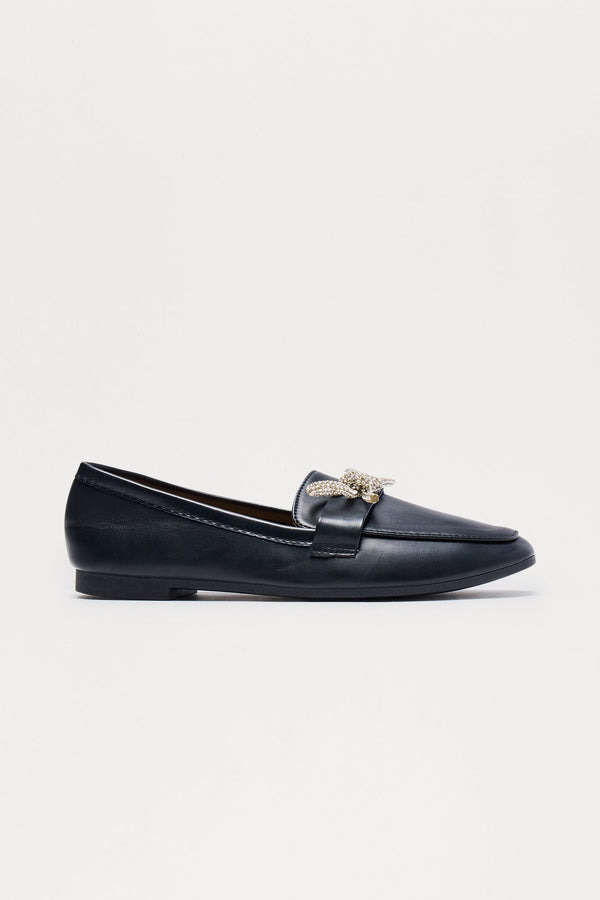 Avy Rhinestone Bow Loafers - Black