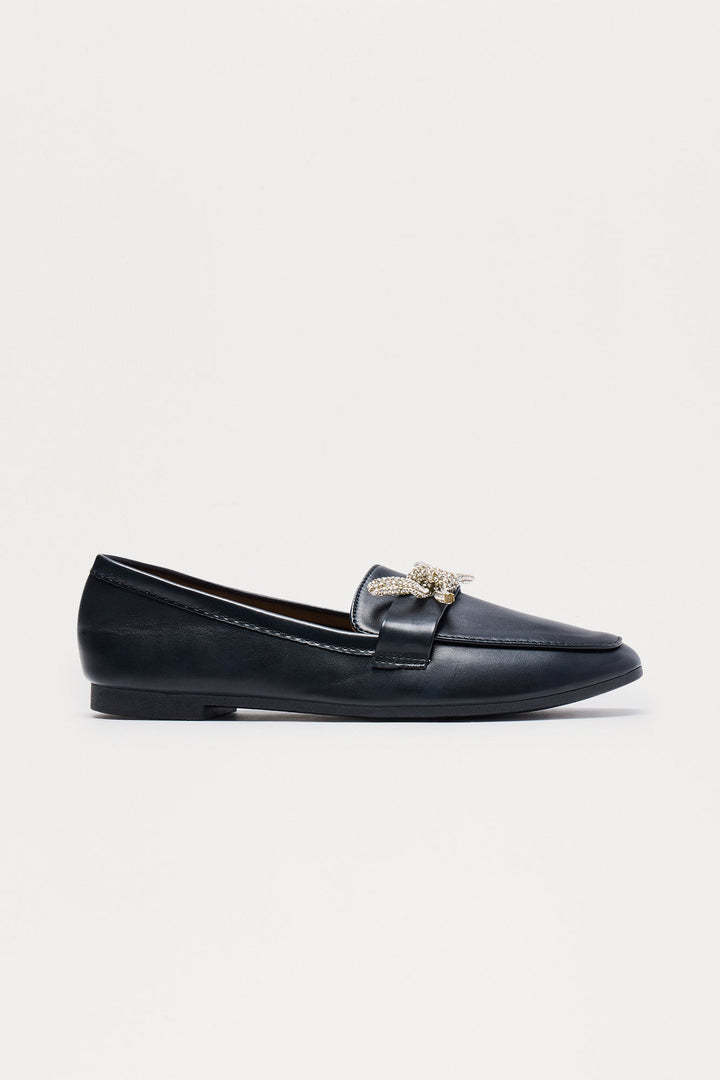 Avy Rhinestone Bow Loafers - Black