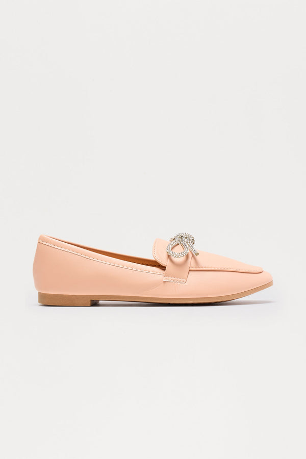 Avy Rhinestone Bow Loafers - Nude
