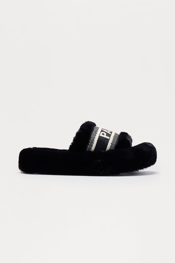 Witty Faux Fur Slippers - Black