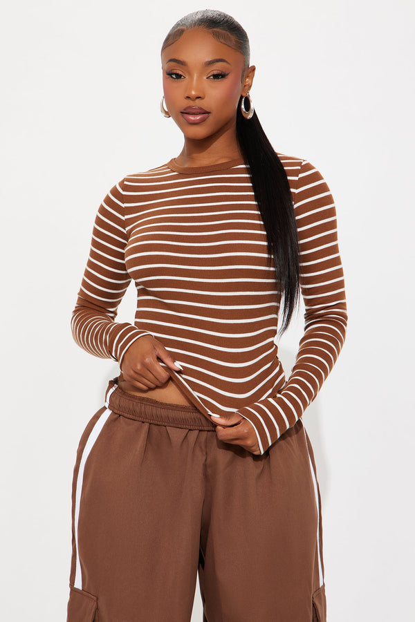 Lana Striped Crew Neck Long Sleeve Top - Chocolate/Combo
