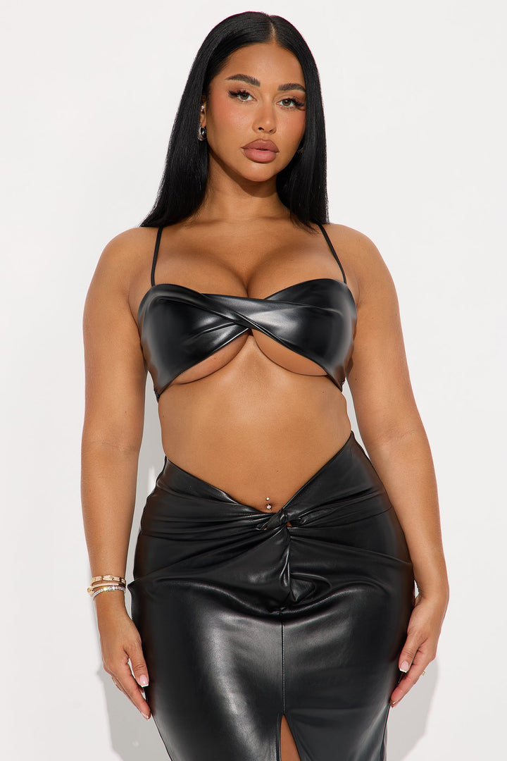 Albany Faux Leather Cropped Bra Top - Black
