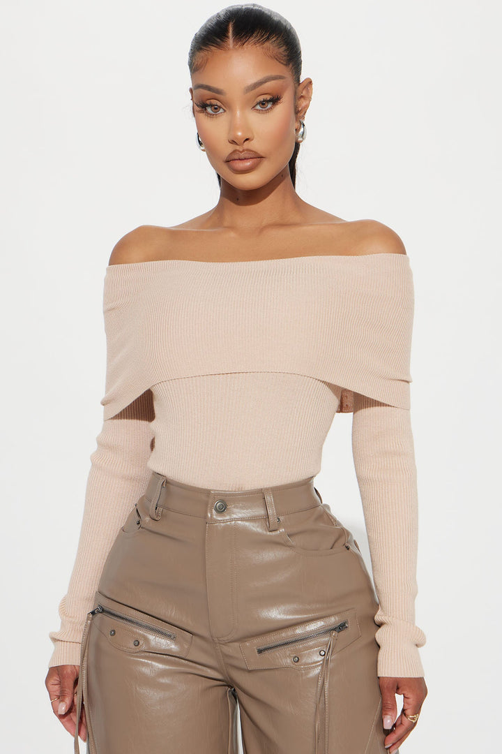 On Trend Off Shoulder Sweater - Taupe