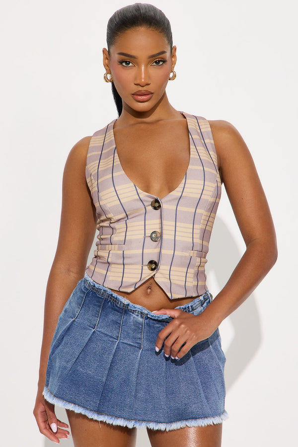 Read Between The Lines Plaid Vest Top - Taupe/combo