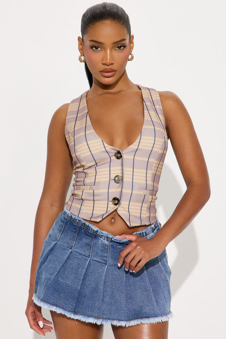 Read Between The Lines Plaid Vest Top - Taupe/combo
