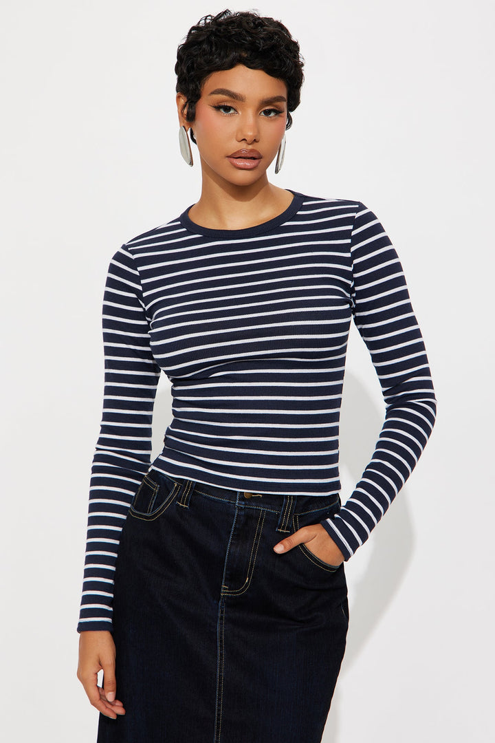 Lana Striped Crew Neck Long Sleeve Top - Navy/combo