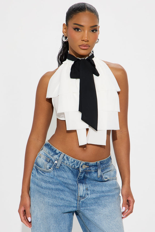 From My Drafts Chiffon Tie Halter Top - White/Black