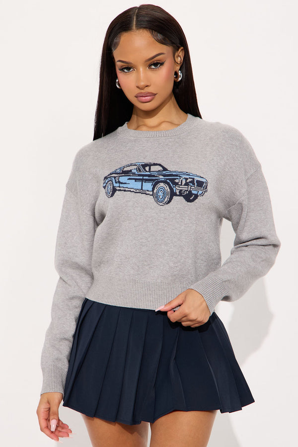 On The Road Car Graphic Sweater - Heather Grey