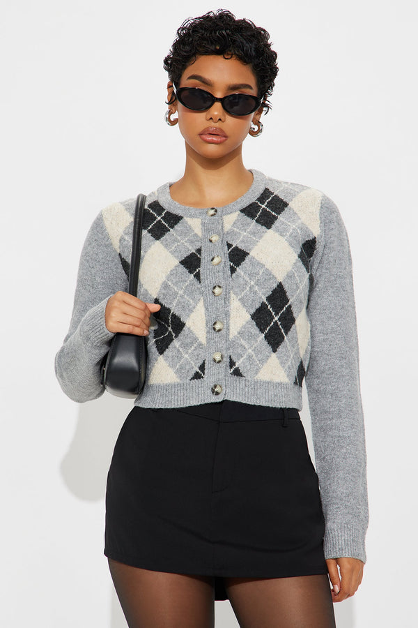 She's Smart Argyle Cardigan - Grey/combo