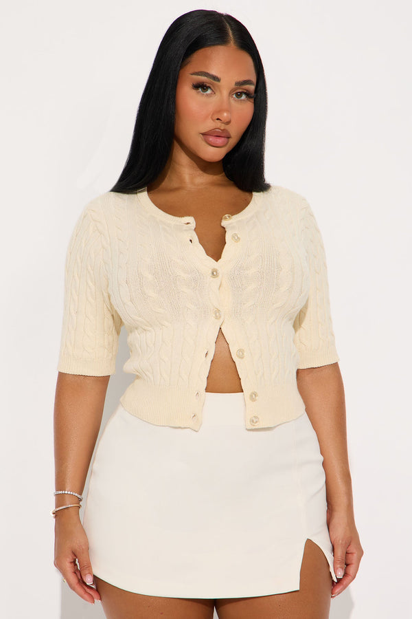 Elowen Short Sleeve Cable Knit Cardigan - Cream