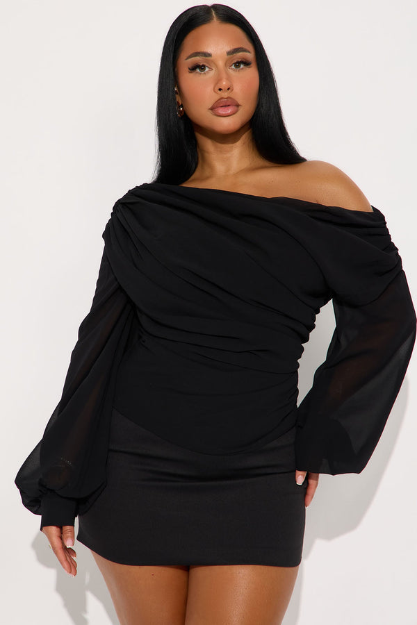 Sneak Peek One Shoulder Chiffon Blouse - Black