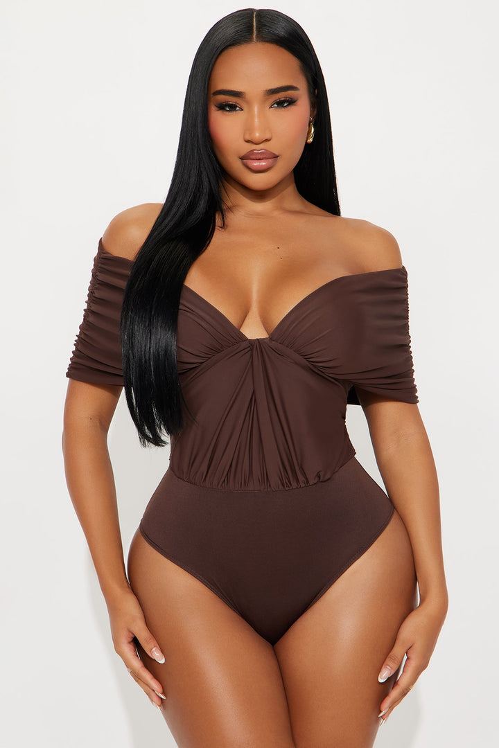 True Rival Ruched Off Shoulder Bodysuit  - Brown