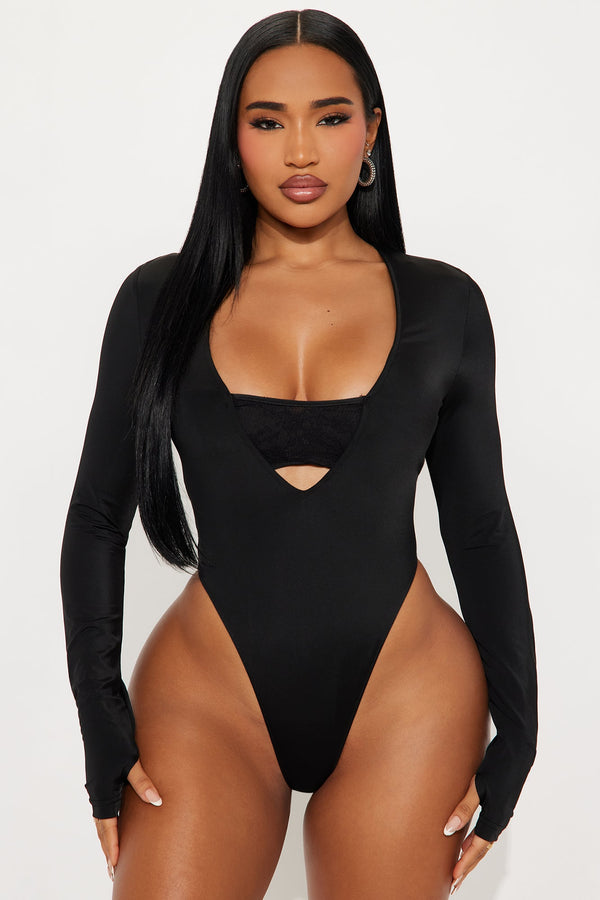 Standing Ovation Long Sleeve High Cut Bodysuit - Black