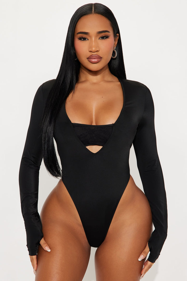 Standing Ovation Long Sleeve High Cut Bodysuit - Black