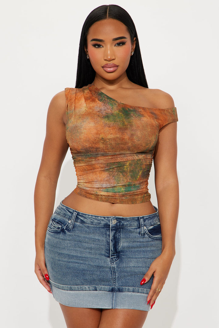 Main Character Off Shoulder Mesh Top - Orange/combo