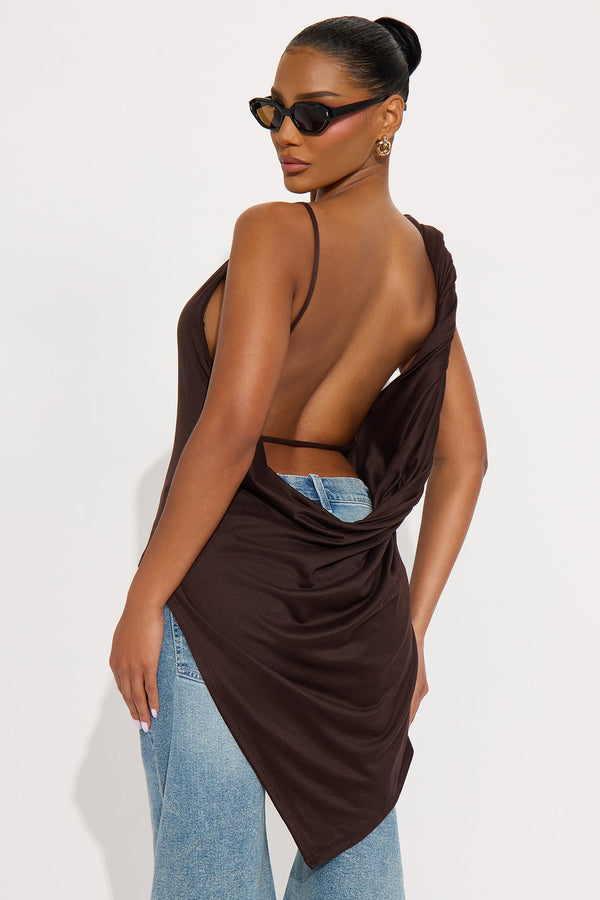 Dominica Asymmetrical Draped High Neck Top - Dark Brown