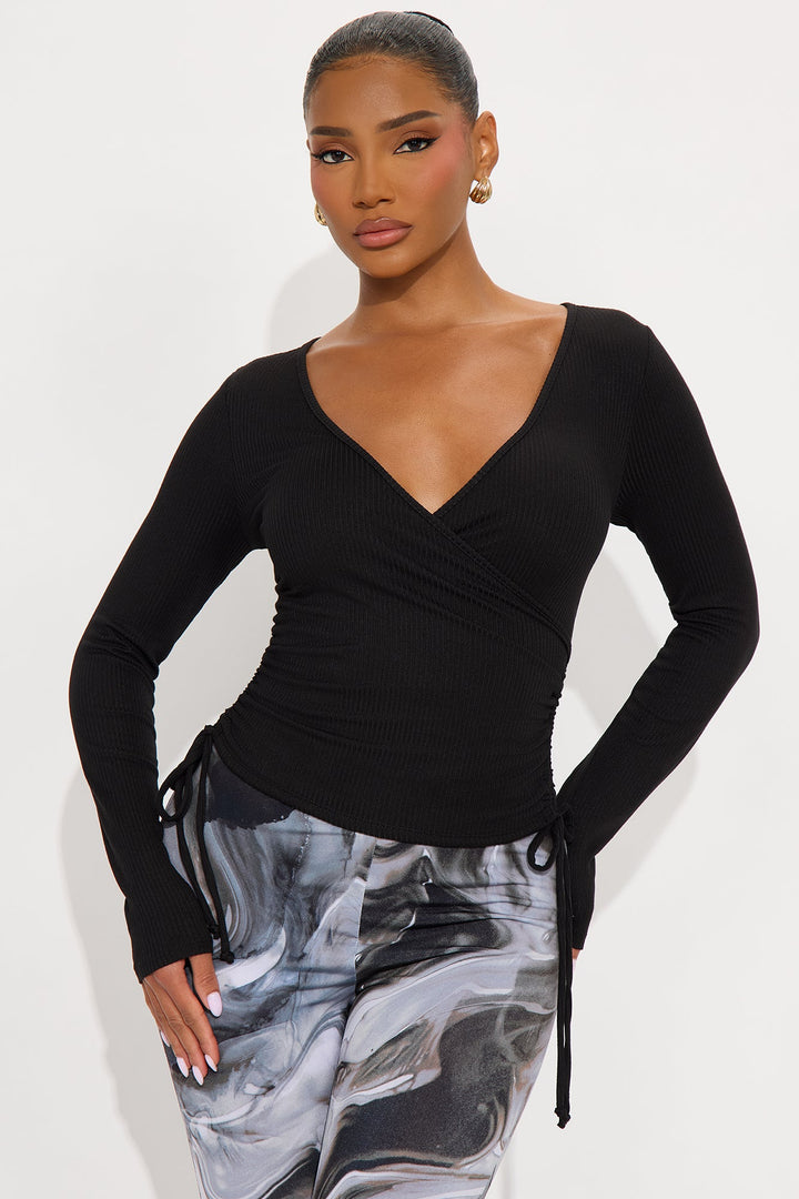 Maisie V Neck Long Sleeve Ruched Top - Black
