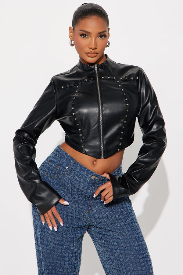 Sneaky Games Studded Faux Leather Top - Black