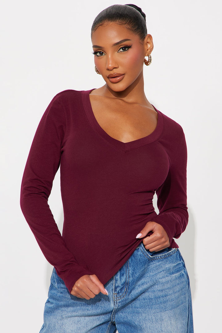 Jasmine V Neck Everyday Long Sleeve Top - Burgundy