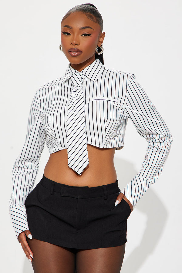 Real Woman Striped Poplin Tie Shirt - White/Black