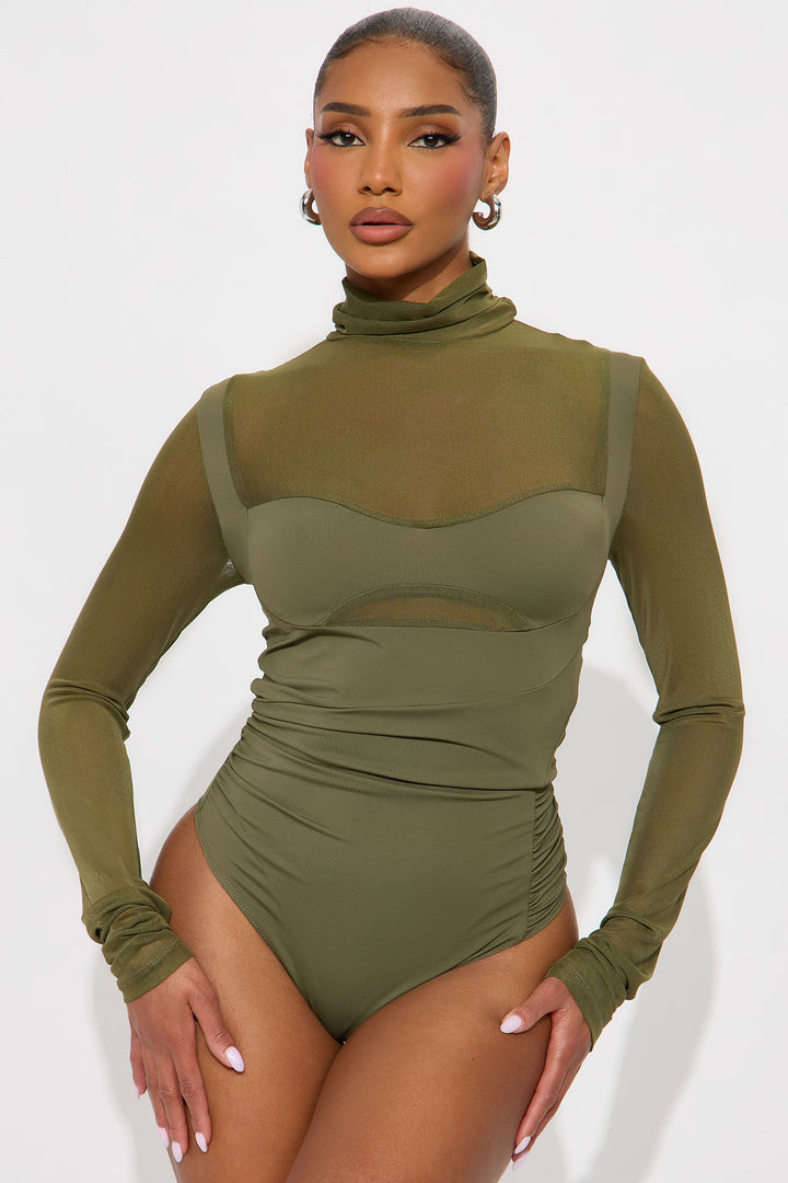Nixie Ruched Mesh Bodysuit - Olive