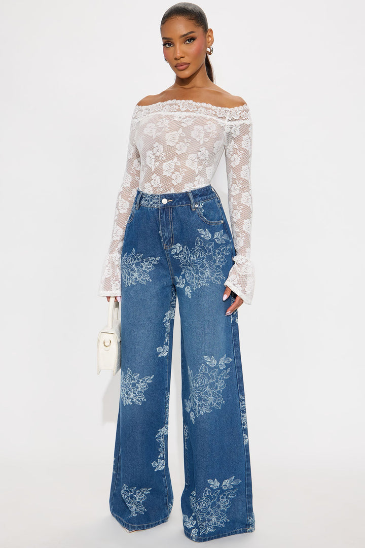 Rose Kiss Floral Print Wide Leg Jeans - Medium Wash