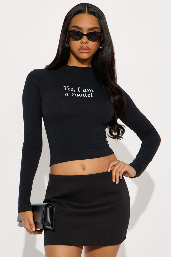 Yes I Am A Model Long Sleeve Baby Tee - Black
